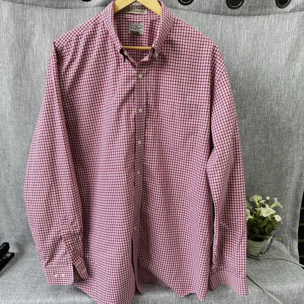 LL Bean Men XL Red White Check Shirt Wrinkle Free Traditional Fit Button Down